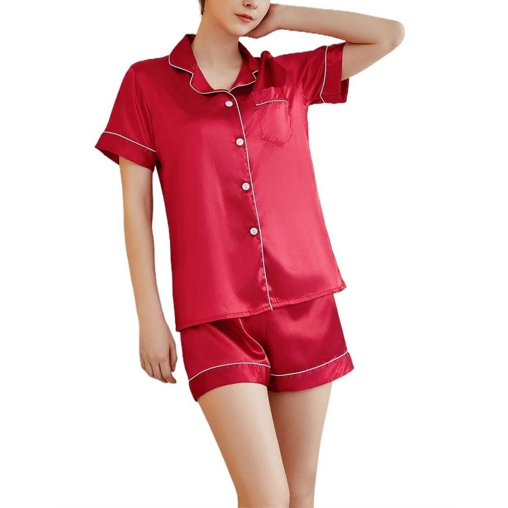 Women Silk Satin Pajama Set Short Sleeve Shorts Bridal Bridesmaid PJs Sleepwear